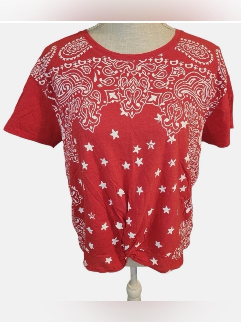 Lucky Brand Red Bandana Print, Knot Front T Shirt, Size Small